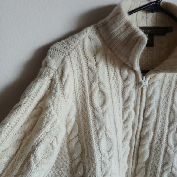 Inis Crafts Sweater Medium Full  Zip Wool Fisherman Knit Ireland Cable knit FLAW - Picture 5 of 11
